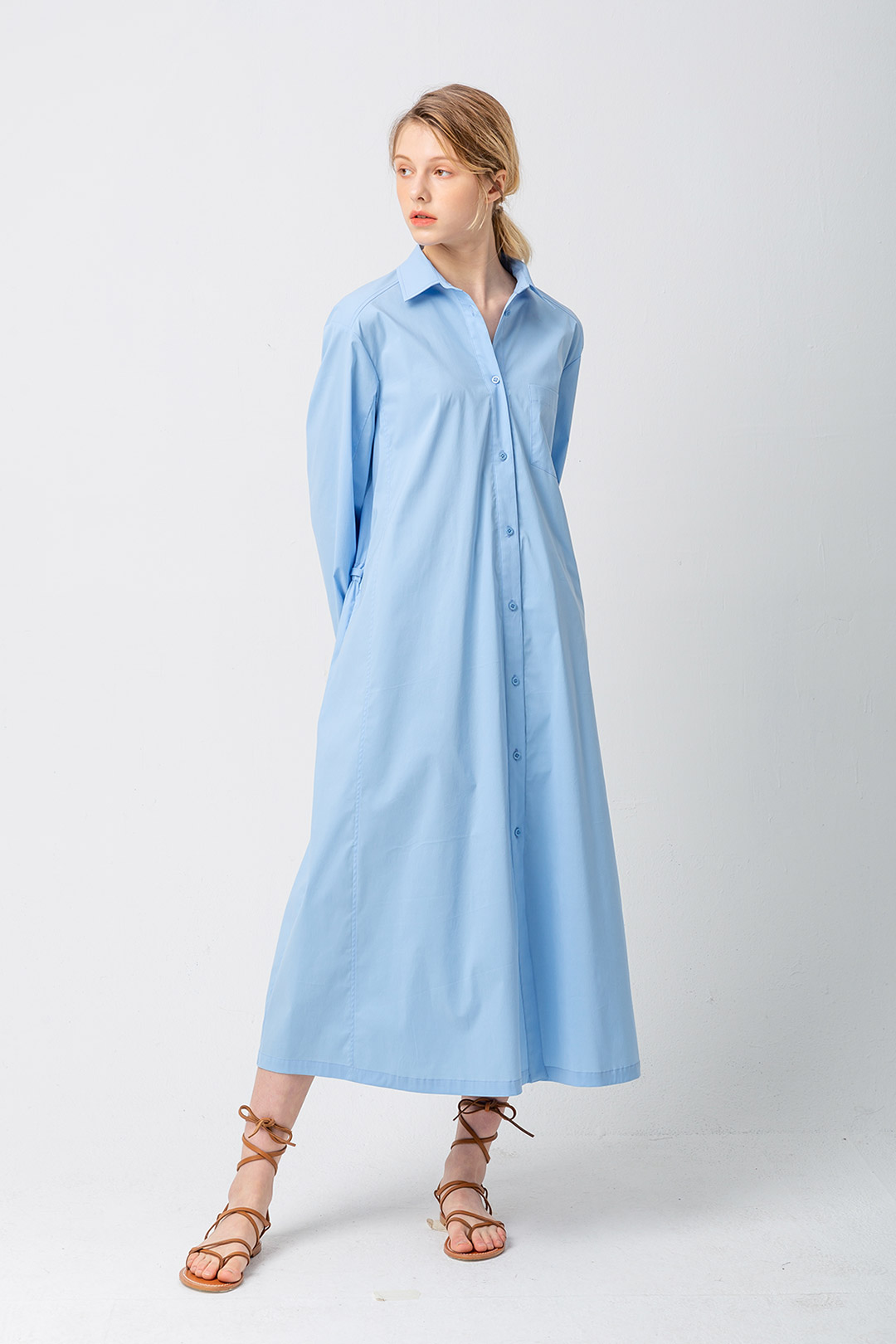 Low waist Banding Shirt Dress_BLUE
