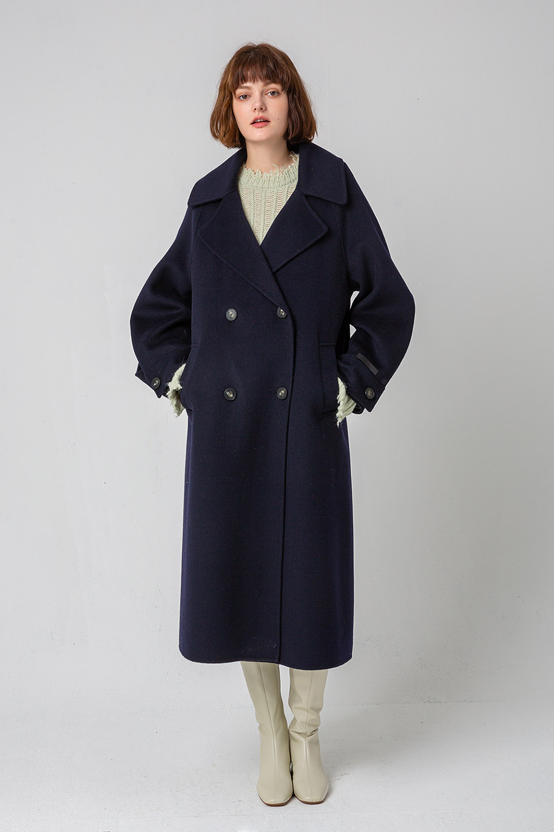 (premium line) volume sleeve wool double coat_navy