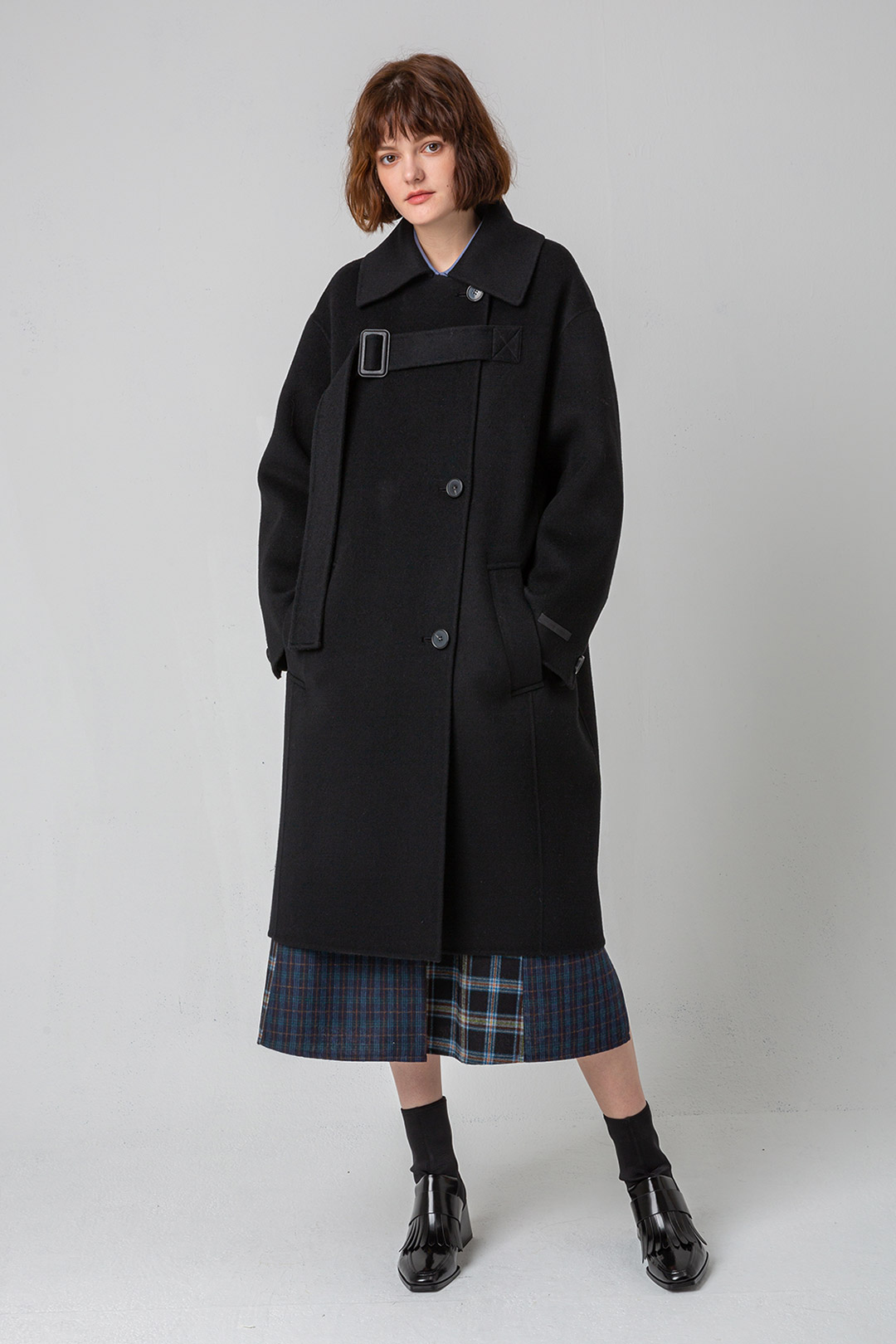 (premium line) wool single balted coat_black