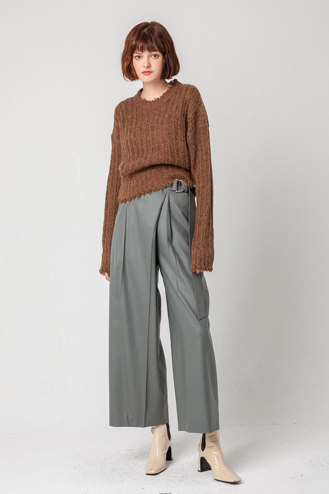 Wrap-style belted pants_kh/gray
