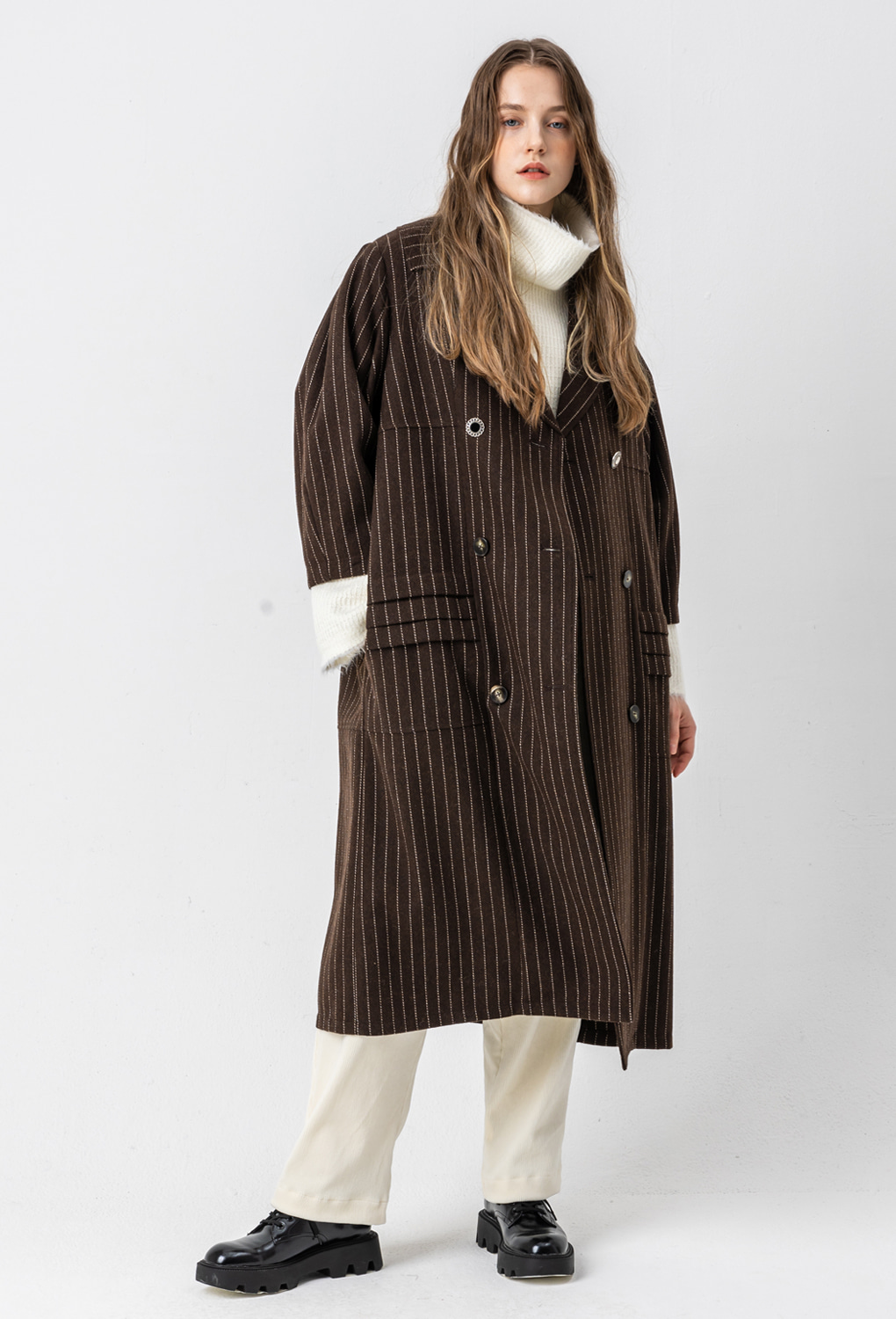 Stripe double coat_brown